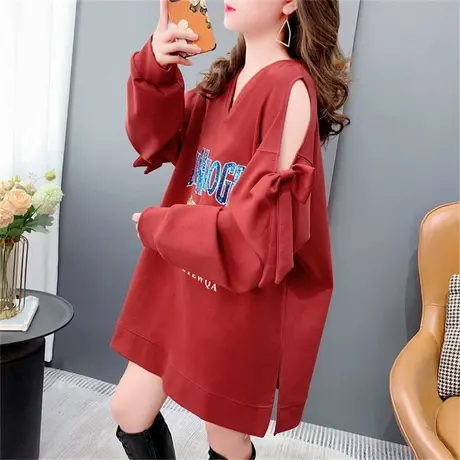 设计感V领卫衣女中长款2023新款早秋洋气减龄宽松小心机露肩上衣图片