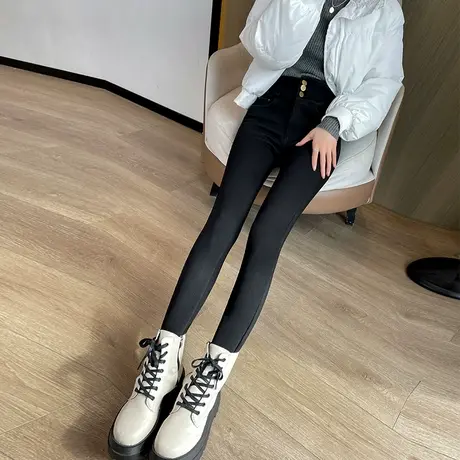 黑色三粒扣高腰小脚牛仔裤女外穿冬季加绒加厚打底高弹显瘦小黑裤图片