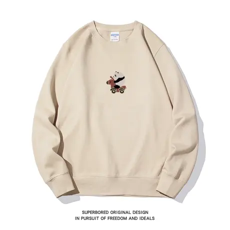 国潮复古熊猫卡其色卫衣男女款情侣装秋冬宽松休闲圆领套头上衣商品大图