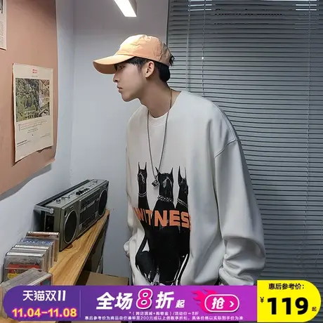 唐狮秋冬新款情侣卫衣男潮牌加绒上衣圆领银狐绒卫衣潮ins黑r图片