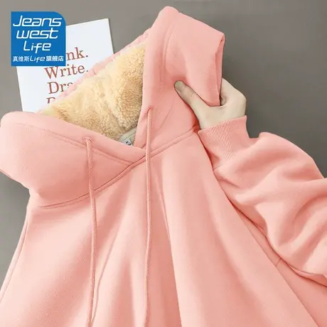 真维斯LIFE卫衣女加绒加厚2023新款秋冬季连帽外套oversize上衣女商品大图