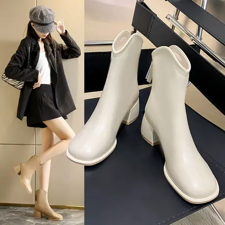 高跟短靴女2023新款秋冬季加绒马丁靴小个子白色方头粗跟瘦瘦靴子图片