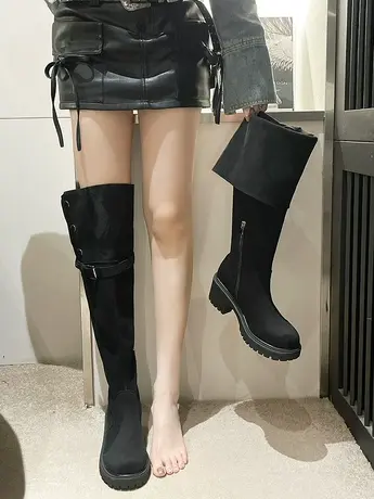 复古两穿翻折厚底西部靴秋冬新款时装长筒靴粗跟过膝长靴骑士靴潮图片