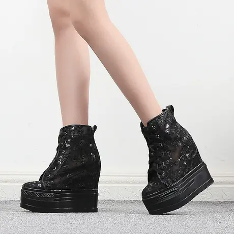 高帕妃內增高女鞋13CM蕾丝网纱厚底运动高帮鞋女透气镂空坡跟单鞋商品大图