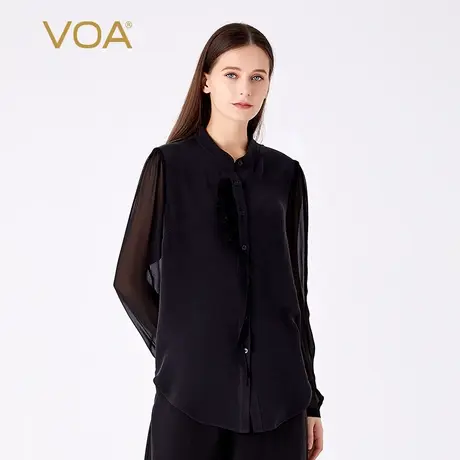 VOA30姆米重磅桑蚕丝黑色圆领长袖单排扣褶皱荷叶边直筒真丝衬衫图片