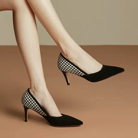 里外真皮尖头高跟鞋女细跟格子纹拼色单鞋女包头法式百搭气质女鞋商品大图