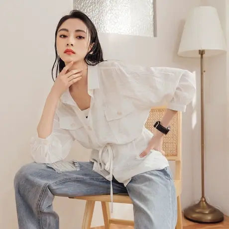 桔熊春秋季休闲透视落肩长袖抽绳收腰上衣衬衫外套女大码AB16896商品大图