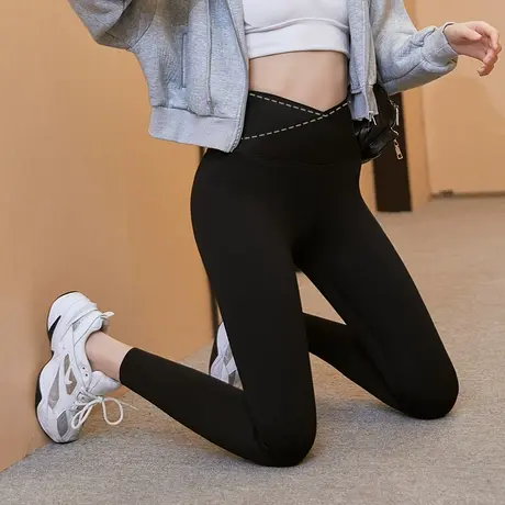 交叉鲨鱼裤打底裤女春秋外穿提臀收腹薄款大码秋季九分胖mm芭比裤商品大图