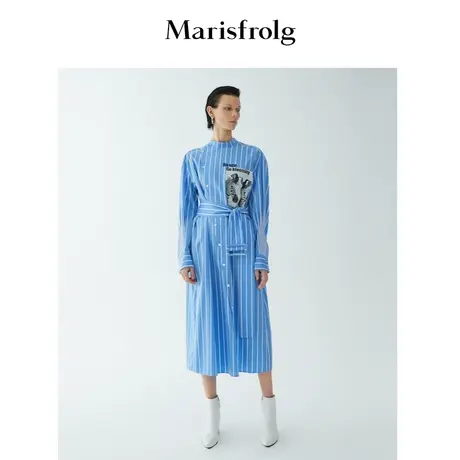 【言选好物】玛丝菲尔连衣裙秋冬季新款天蓝色条纹长袖衬衫裙图片