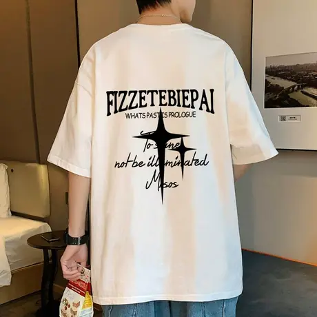 潮牌t恤男2024夏季新款港风宽松五分袖美式字母体恤衫潮流ins上衣图片