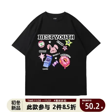 日系街头像素风短袖T恤女夏季潮牌宽松情侣设计感小众半袖上衣商品大图