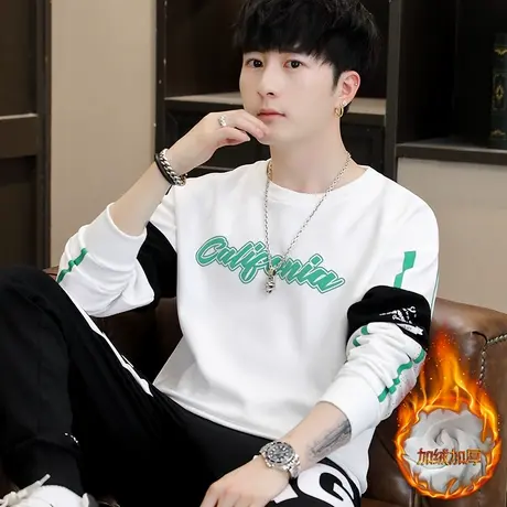 长袖t恤男士加绒加厚潮流圆领打底衫百搭上衣服男装青年卫衣秋衣T商品大图