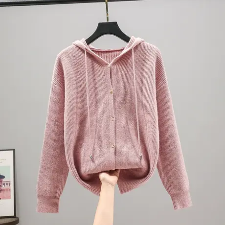 连帽衫针织衫女士百搭长袖开衫2023秋装新款韩版宽松纯色外套毛衣图片