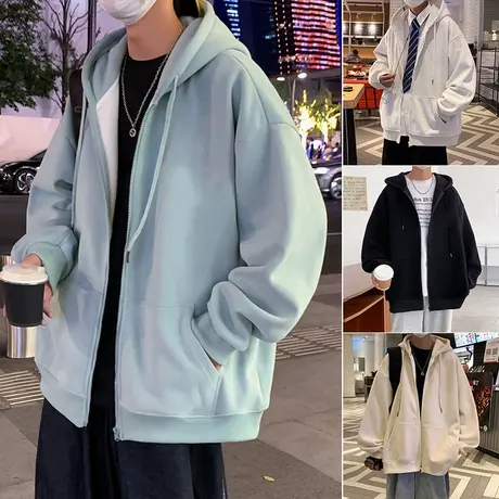 潮牌休闲纯色连帽美式卫衣男春秋装港风宽松拉链开衫情侣夹克外套商品大图