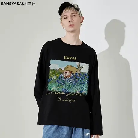 木村三社SANSYAS 卡通油画风男士长袖t恤纯棉圆领新疆棉秋季体恤图片