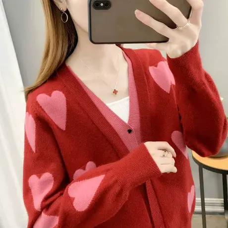 爱心假两件红色毛衣开衫女春季2024新款新年爆款韩系宽松针织上衣图片