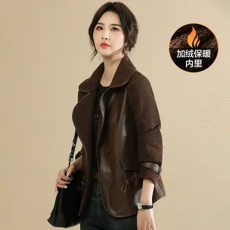 韩潮袭人西装领拼接加绒皮衣外套女2023冬季新款休闲百搭夹克图片