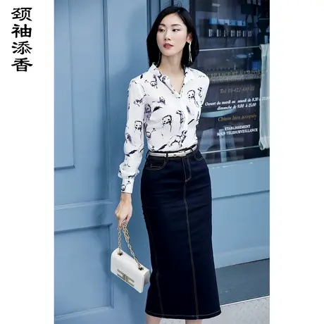 颈袖添香2023春款韩版印花修身通勤衬衫女长袖碎花职业衬衣商品大图
