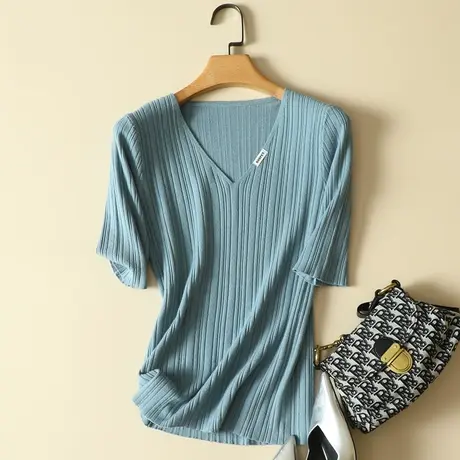 2024年春装新款安迪绒中袖上衣修身针织衫薄款内搭打底衫毛衣女图片