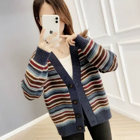秋装新款女士针织开衫宽松洋气百搭条纹毛衣外套春秋短款外搭商品大图
