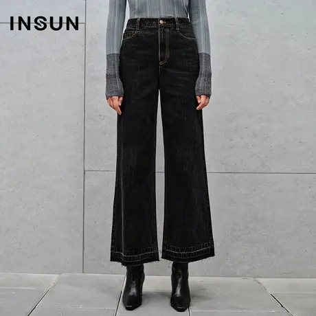 INSUN恩裳专选冬季复古洗水牛仔棉质微喇裤商品大图