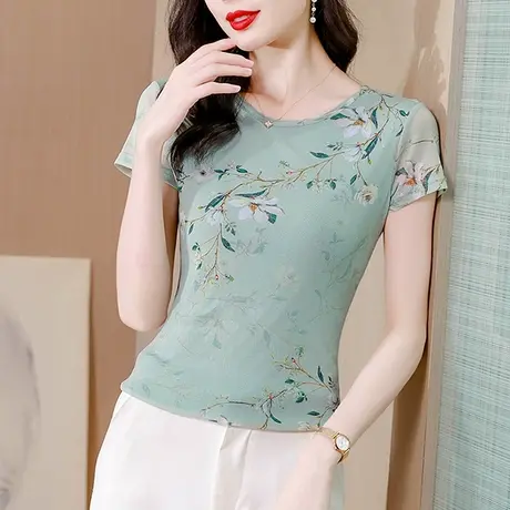 2024夏装新款网纱短袖T恤女士复古气质小衫别致减龄漂亮圆领上衣商品大图