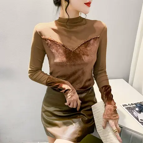 秋冬高领网纱T恤女长袖欧货丝绒烫钻拼接打底衫气质减龄收腰上衣商品大图