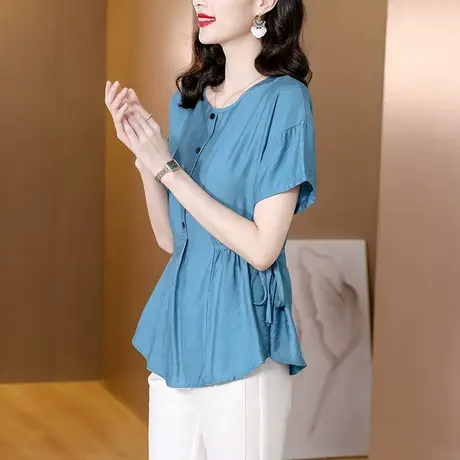 短袖女士衬衫夏季2023新款圆领宽松收腰上衣别致设计感小众雪纺衫商品大图