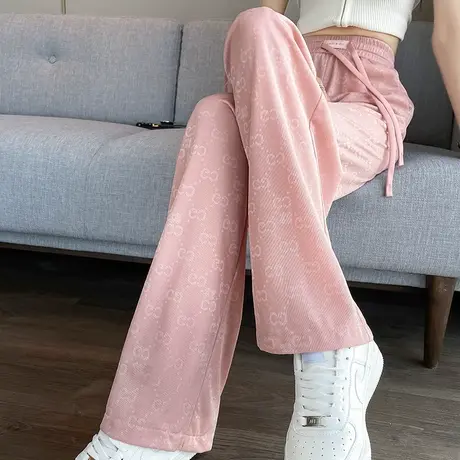 粉色冰丝窄版阔腿裤女夏季薄款高腰显瘦宽松休闲提花凉凉防晒裤子商品大图