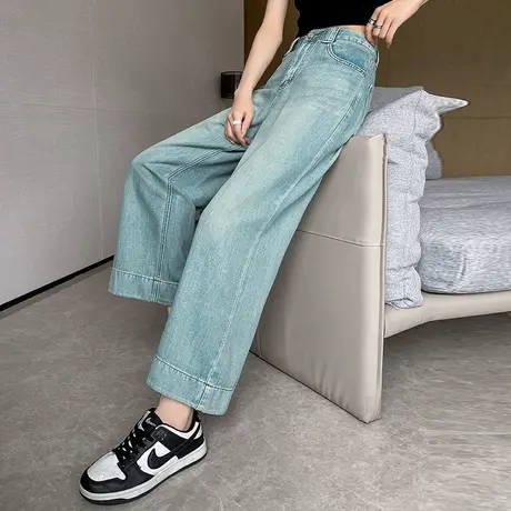 阔腿牛仔裤女春秋新款2024年新款小个子高腰宽松直筒显瘦九分裤子商品大图