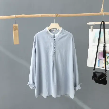 中长款文艺休闲套头白衬衣女2024春秋新款宽松长袖花边领打底衬衫图片