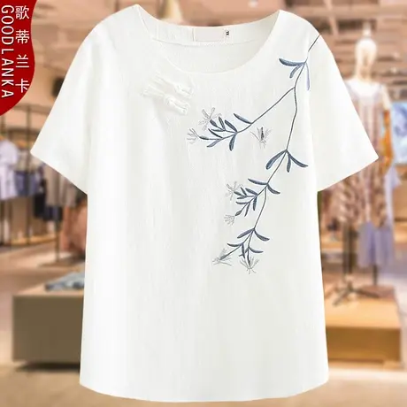 胖妈妈夏装短袖上衣洋气时尚气质薄款小衫加肥加大码女装棉麻T恤商品大图