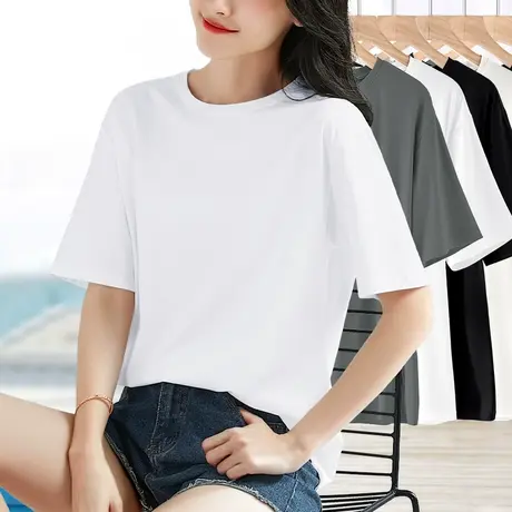 白色天丝冰感圆领短袖t恤女夏新款宽松休闲半袖体恤显瘦薄款上衣图片