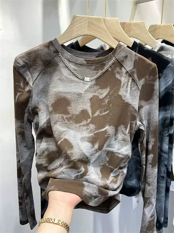 欧货水墨扎染长袖链条T恤女春秋甜辣修身褶皱洋气内搭打底衫上衣商品大图