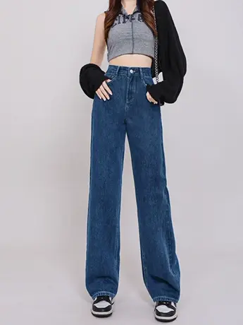 清仓捡漏外贸慵懒风高腰阔腿牛仔裤女春夏新款宽松直筒牛仔裤图片