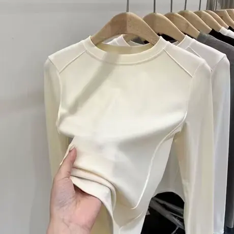 纯色简约内搭打底衫女秋冬修身加绒保暖上衣韩版洋气减龄长袖T恤商品大图