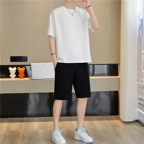 白色冰丝褶皱t恤男高级感短袖短裤套装英伦雅痞穿搭搭配一套帅气商品大图