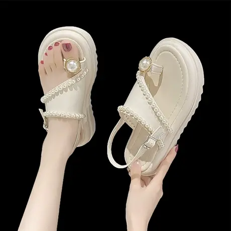 夹脚套趾凉鞋拖鞋女夏外穿厚底水钻珍珠仙女风配裙子海边沙滩凉拖图片