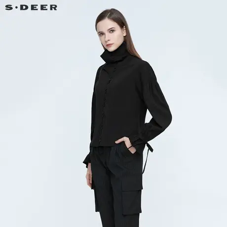 sdeer圣迪奥春秋装高领拼接抽褶系带纽扣长袖衬衫S21180519图片