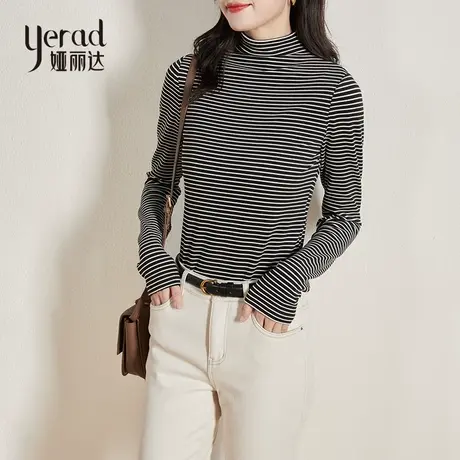 【秒杀款】不退不换娅丽达条纹打底衫秋冬内搭上衣半高领磨毛T恤商品大图