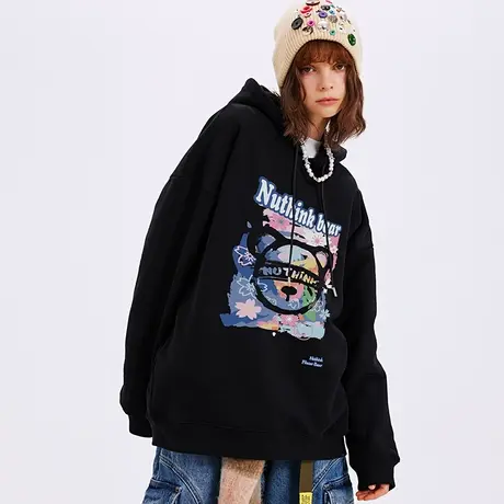 Nuthink日系原宿风小熊连帽卫衣男潮牌ins宽松大码oversize情侣装商品大图