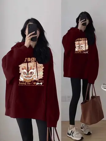 过年龙年酒红色喜庆卫衣女冬保暖加绒加厚连帽外套ins休闲上衣潮商品大图