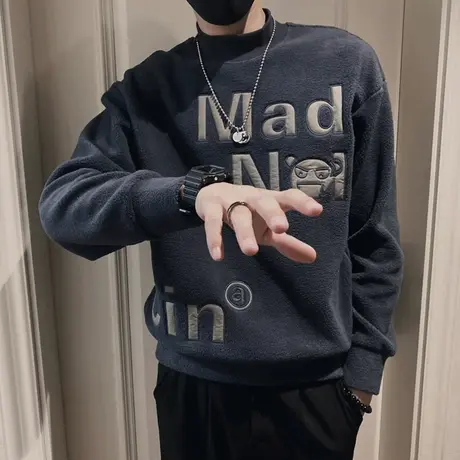 秋季男卫衣t恤上衣外套长袖宽松套头时尚休闲潮流半高领体恤外套商品大图