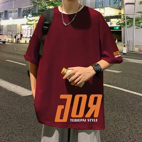 酒红色纯棉短袖t恤男夏季2024新款美式高街宽松潮牌情侣半袖体恤商品大图