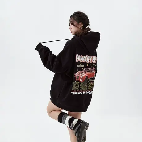 YEP美式汽车印花连帽卫衣女2024年春季新款复古黑色潮牌宽松外套图片
