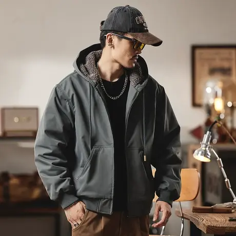 休闲百搭夹克复古加绒夹克外套宽松秋冬新款本布下摆男外套休闲男图片