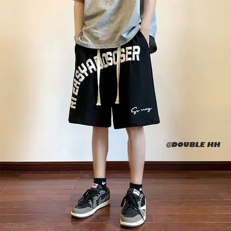 潮流美式立体发泡印花阔腿休闲短裤男夏季薄款透气运动健身五分裤商品大图