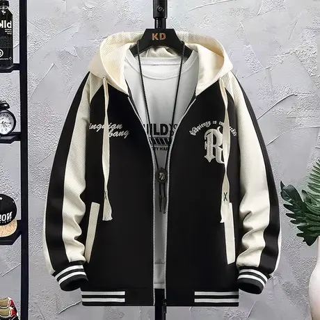 连帽拼接撞色2024新款夹克男生潮牌青少年学生外套潮流时尚休闲装图片