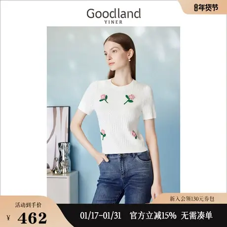 【玫瑰诗行】Goodland美地女装2023夏立体绣花圆领短袖针织衫图片
