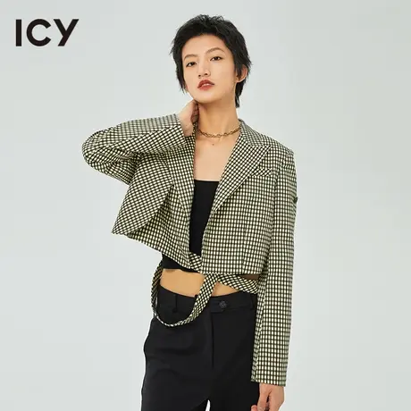 icy女装设计春秋新款摩登撞色格纹镂空腰带短西装外套女图片